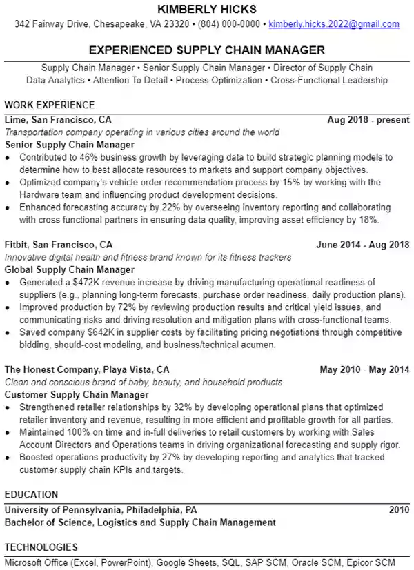Supply Chain Manager Resume Example Leet Resumes